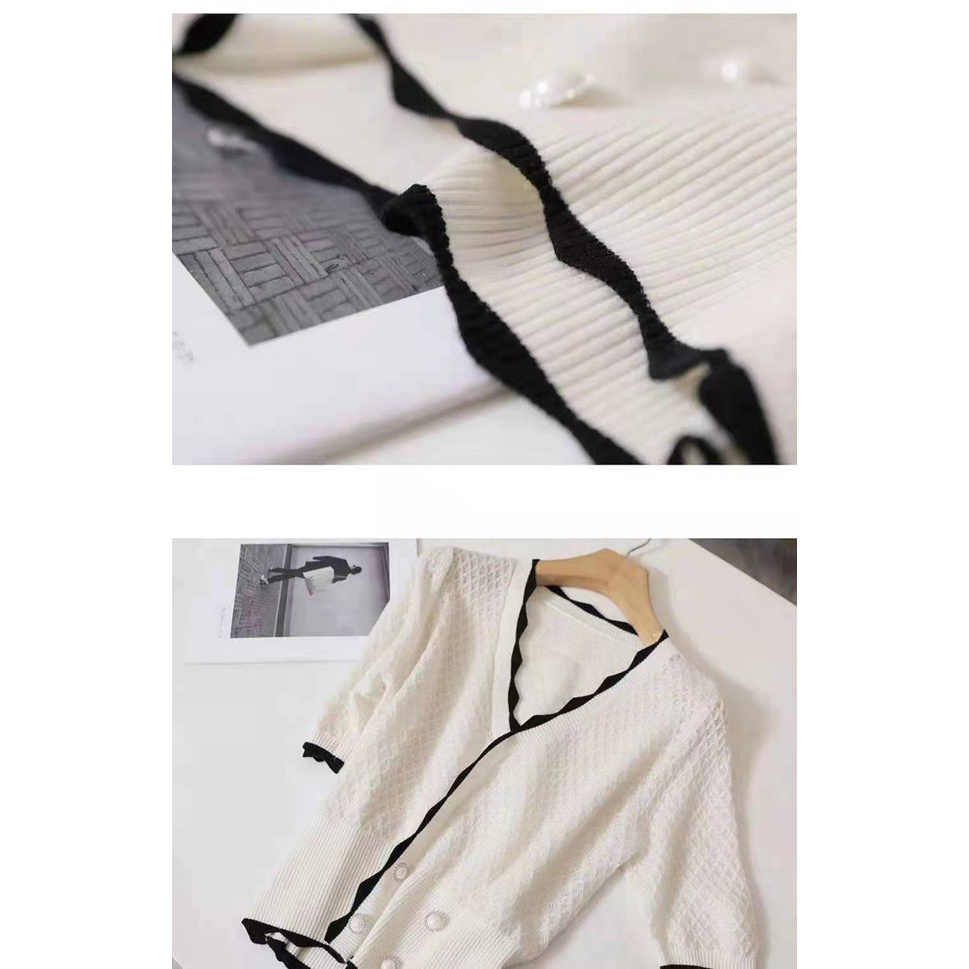 Áo dệt kim làm từ vải lụa lạnh cổ chữ V tay lửng thời trang thanh lịch cho nữ | BigBuy360 - bigbuy360.vn
