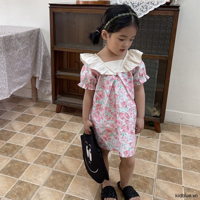Đầm Công Chúa Tay Ngắn Cổ Búp Bê In Họa Tiết Hoa Thời Trang Mùa Hè Hàn Quốc Cho Bé Gái