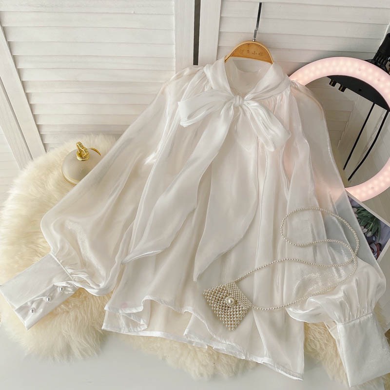 - Áo sơ mi tay bồng cổ nơ tiểu thư ulzzang organza- SM50 - jannahouse