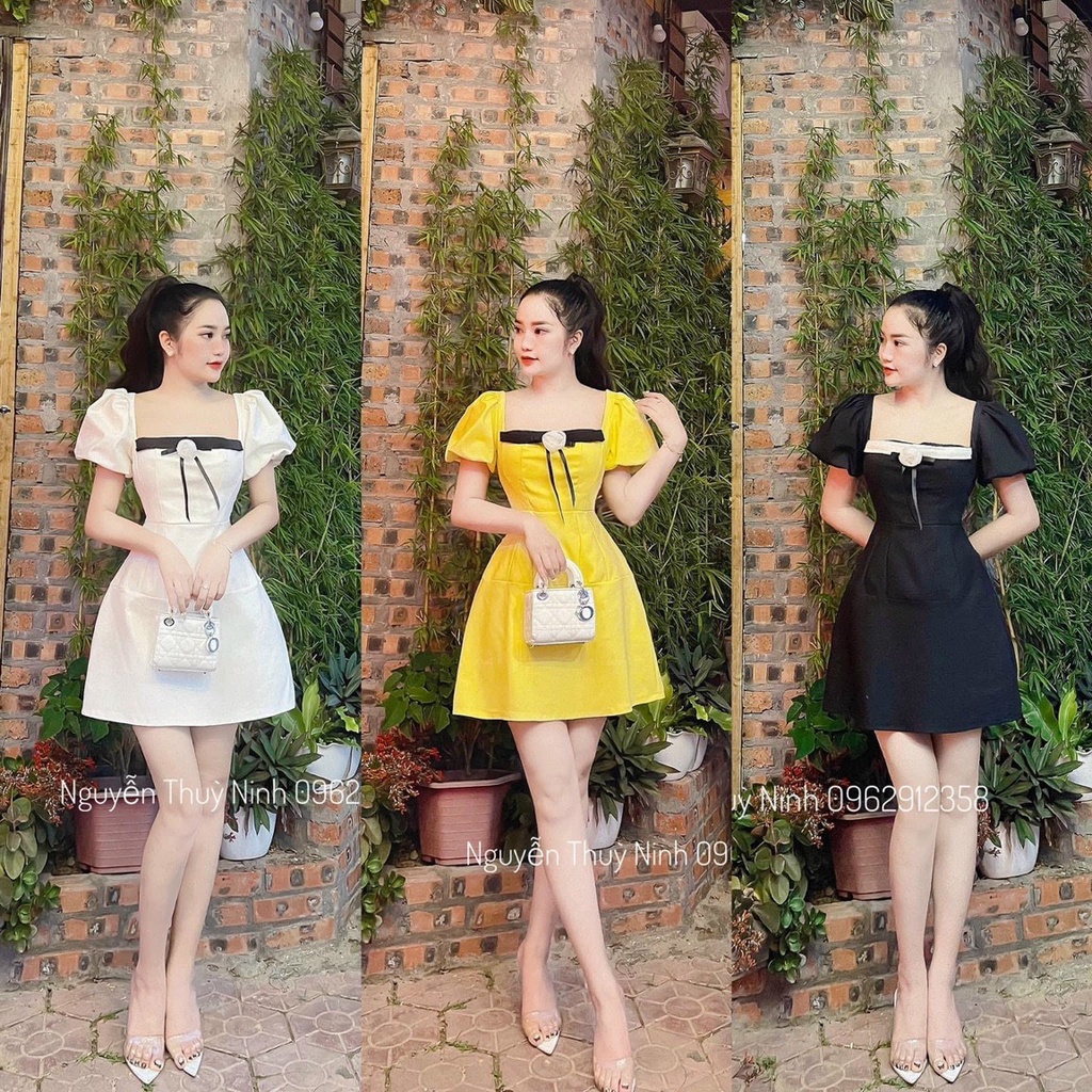 Váy đầm nữ dáng xòe tay phồng cổ vuông đính hoa trước ngực