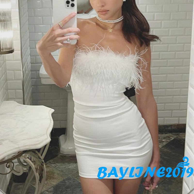 Đầm ống ôm màu trơn phối lông trang trí quyến rũ mùa hè dành cho nữ