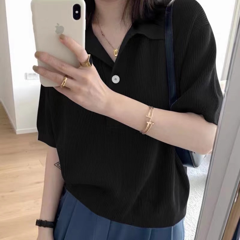 [Hana And Alice] Áo Thun polo Dệt Kim Lụa Lạnh Mỏng Nhẹ Tay Ngắn Màu Xanh Sữa Mềm Mại Phong Cách Hàn Quốc Thời Trang Mùa
