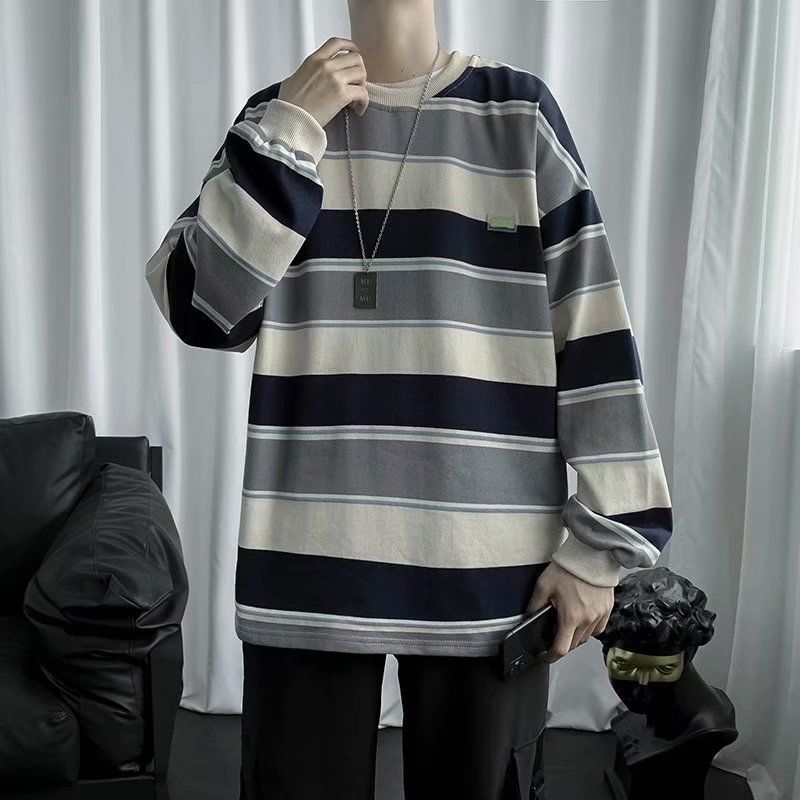 Áo Thun Nam Tay Dài Dáng Rộng Họa Tiết Sọc Phong Cách Hàn Quốc