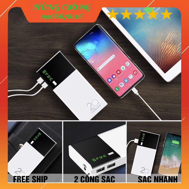 Sạc Dự Phòng 20000mAh Tích Hợp Sạc Nhanh Fast Charge Mặt Kính hiển thị pin. 2USB Có Đèn nhỏ gọn tiện lợi