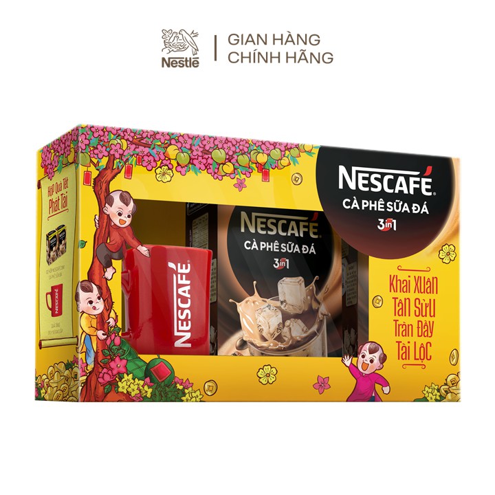 [Nhập GRO1NES2621-15% đơn 150K]Hộp quà Tết Phát Tài:NESCAFÉ 3in1 Cà Phê Sữa Đá Với Ly Sứ Nescafe(2 hộpx10 góix20g)