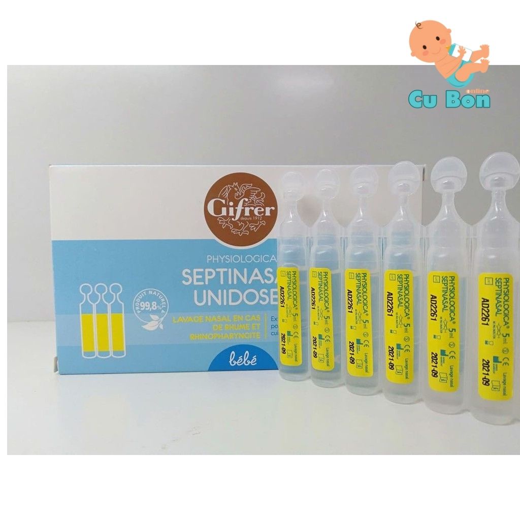 Nước muối nhỏ mũi GIFRER của Pháp hộp 20 ống tép màu vàng giúp bé giảm tắc nghẽn mũi sổ mũi an toàn cho bé từ sơ sinh