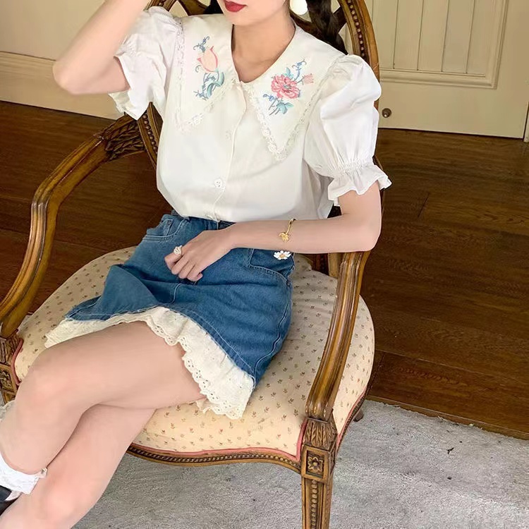 Hàng Mới Về Áo Sơ Mi Tay Ngắn Dáng Rộng Thêu Họa Tiết Phong Cách Hàn Quốc Thời Trang Cho Nữ Hàng Có Sẵn