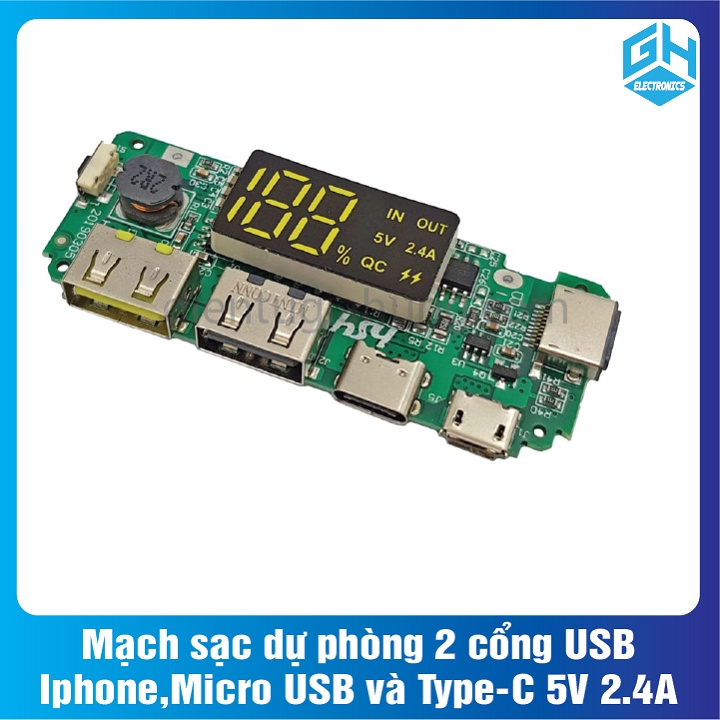 Mạch sạc dự phòng 2 cổng USB, Iphone, Micro USB và Type-C 5V 2.4A,Kích thước: 65x25mm