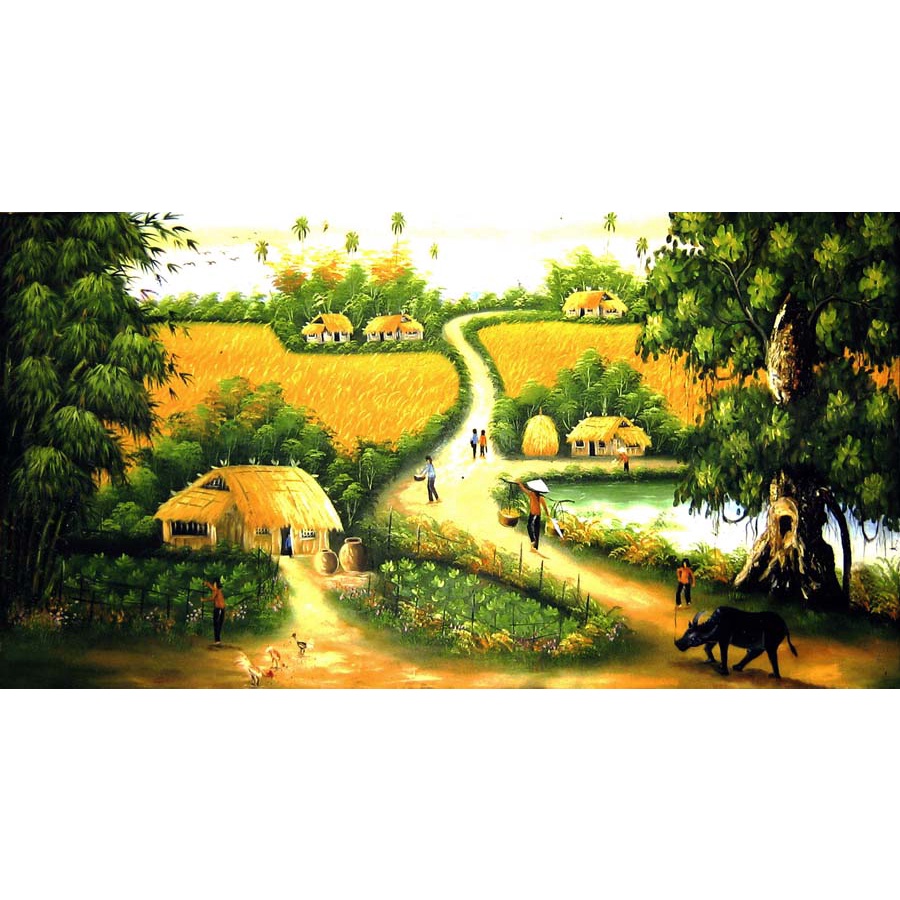 Tranh Đồng Quê Việt Nam Lụa 3D Cao Cấp Dán Tường phong cảnh hữu tình, non xanh nước biếc hình ảnh sắc net, không lo phai