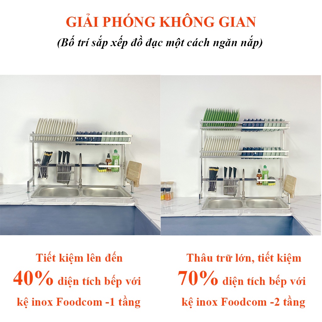 KỆ BÁT THÔNG MINH ĐỂ BỒN RỬA - INOX 304 CAO CẤP - FOODCOM - LOẠI 1 TẦNG VÀ 2 TẦNG