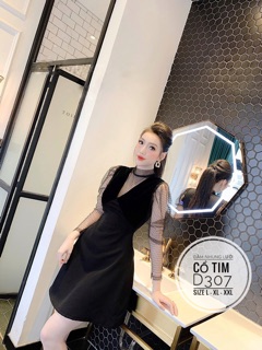 Bigsize Đầm nhung lưới cổ tim D307