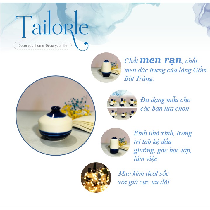 【TAILORLE】Bình hoa gốm sứ men XANH rạn trang trí phòng ngủ, tủ tivi, góc làm việc học tập