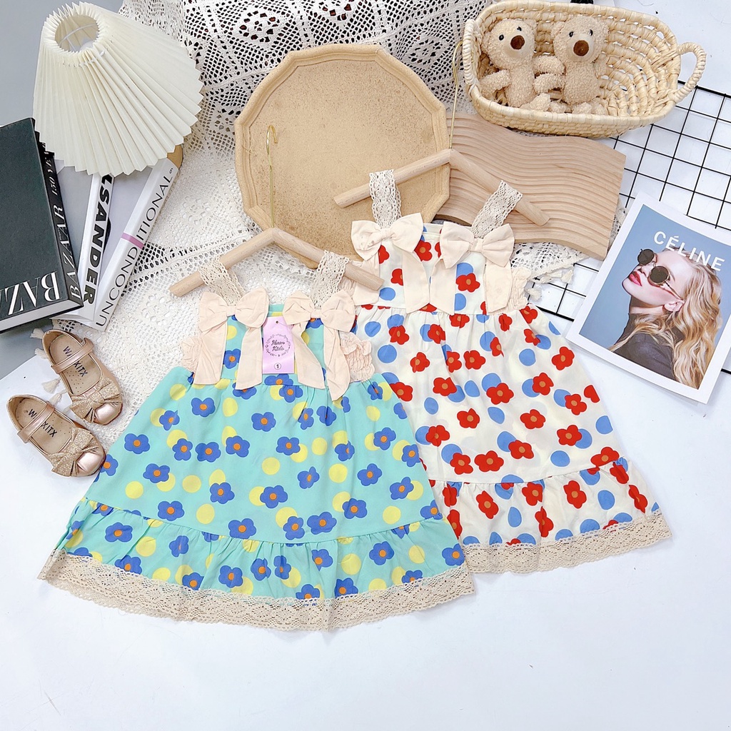 Váy cho bé gái 2 dây ren đính nơ hoa lụa cao cấp 8-20kg