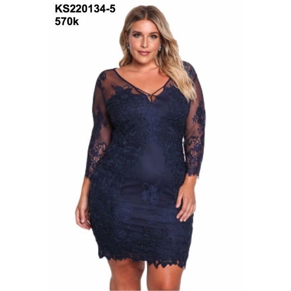 ĐẦM ÔM BODY XANH NAVY BIG SIZE 55- 110KG TAY DÀI PHỐI REN (KS220134-5)