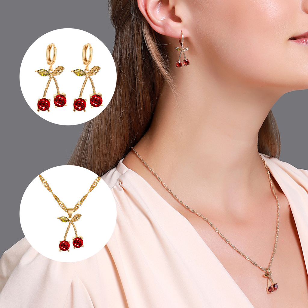 Bộ vòng cổ + Bông Tai Hình Quả Cherry Đính Đá Ruby Nhân Tạo Dành Cho Nữ