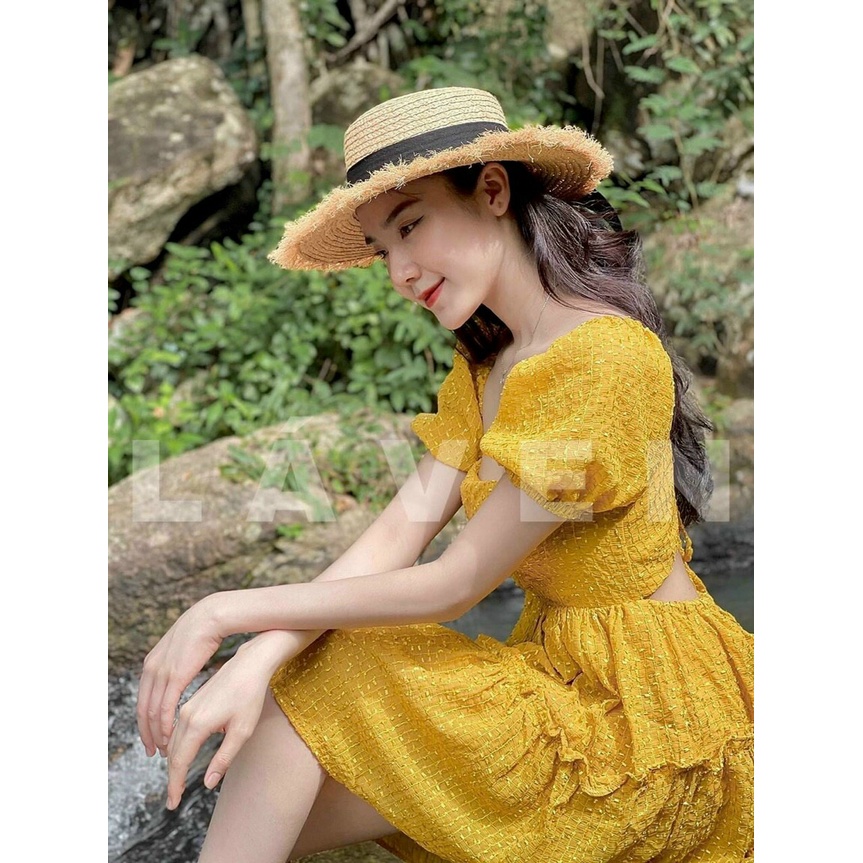 Đầm xòe tay phồng rút dây lưng tiểu thư chất xốp chỉ thái siêu đẹp_vay xop xoe