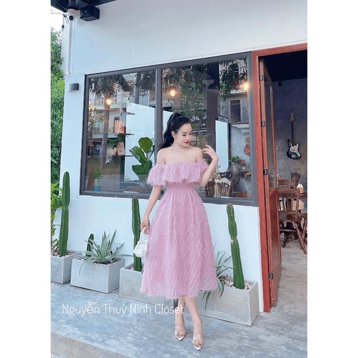 ĐẦM LÔNG VŨ CÓ MÚT TRỄ VAI DÁNG XÒE CỰC SANG CHẢNH LONG TRỌNG UP