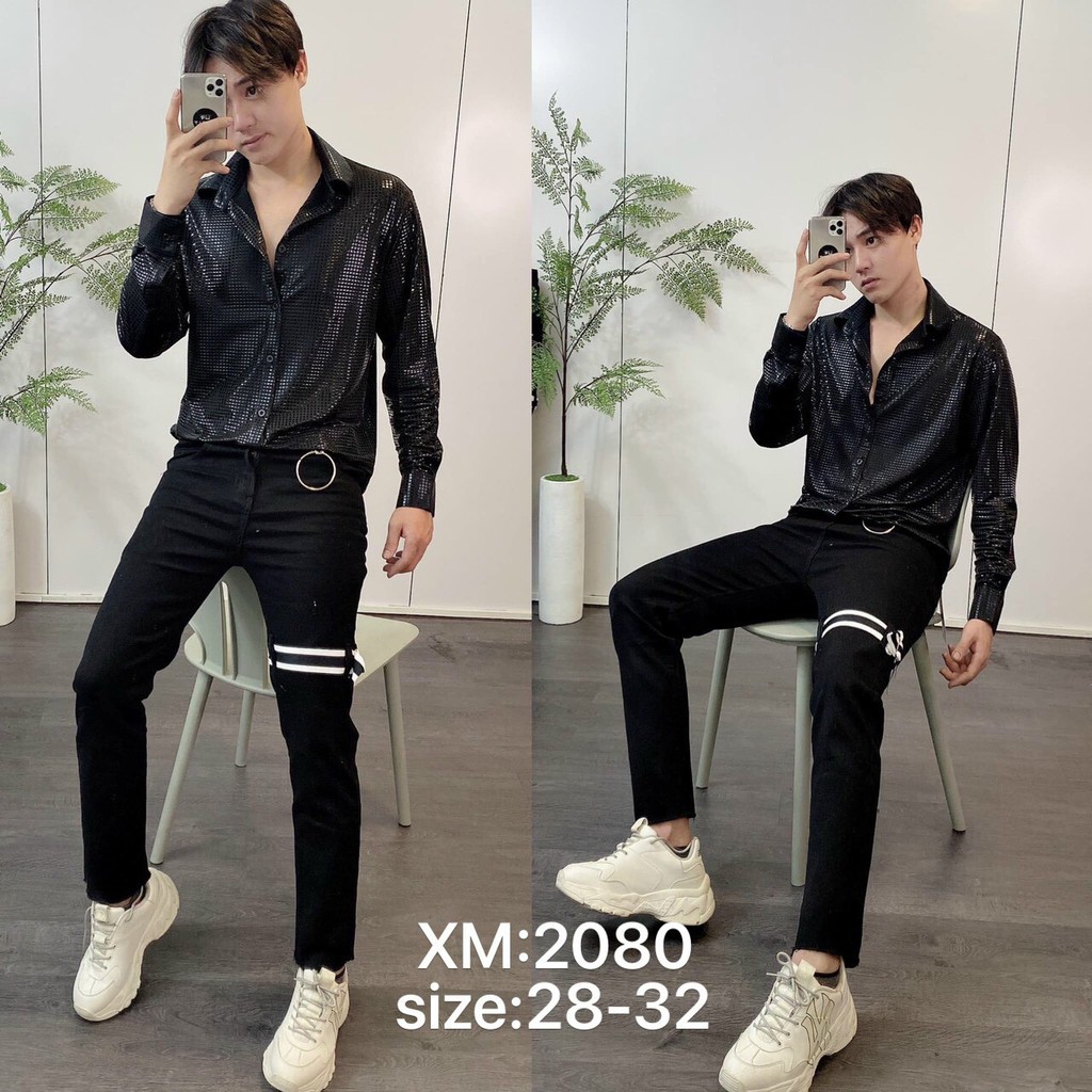 Quần jean nam màu đen co gian may kiểu đùi mẫu mới siêu hot