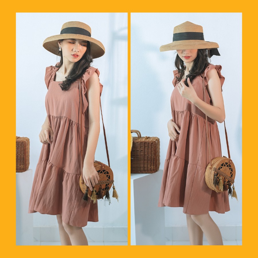 Váy babydoll đũi dáng dài cổ vuông cánh tiên 3 màu trắng nâu be hàng cao cấp | BigBuy360 - bigbuy360.vn