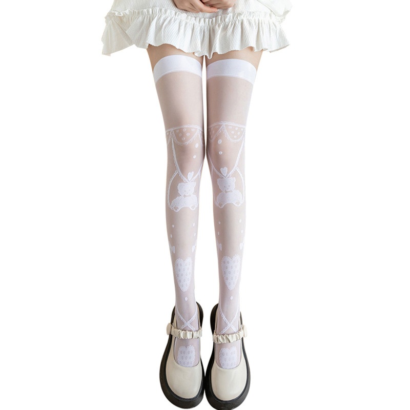 Tất Dài Qua Gối Vải Jacquard Xuyên Thấu Gợi Cảm Phong Cách Lolita