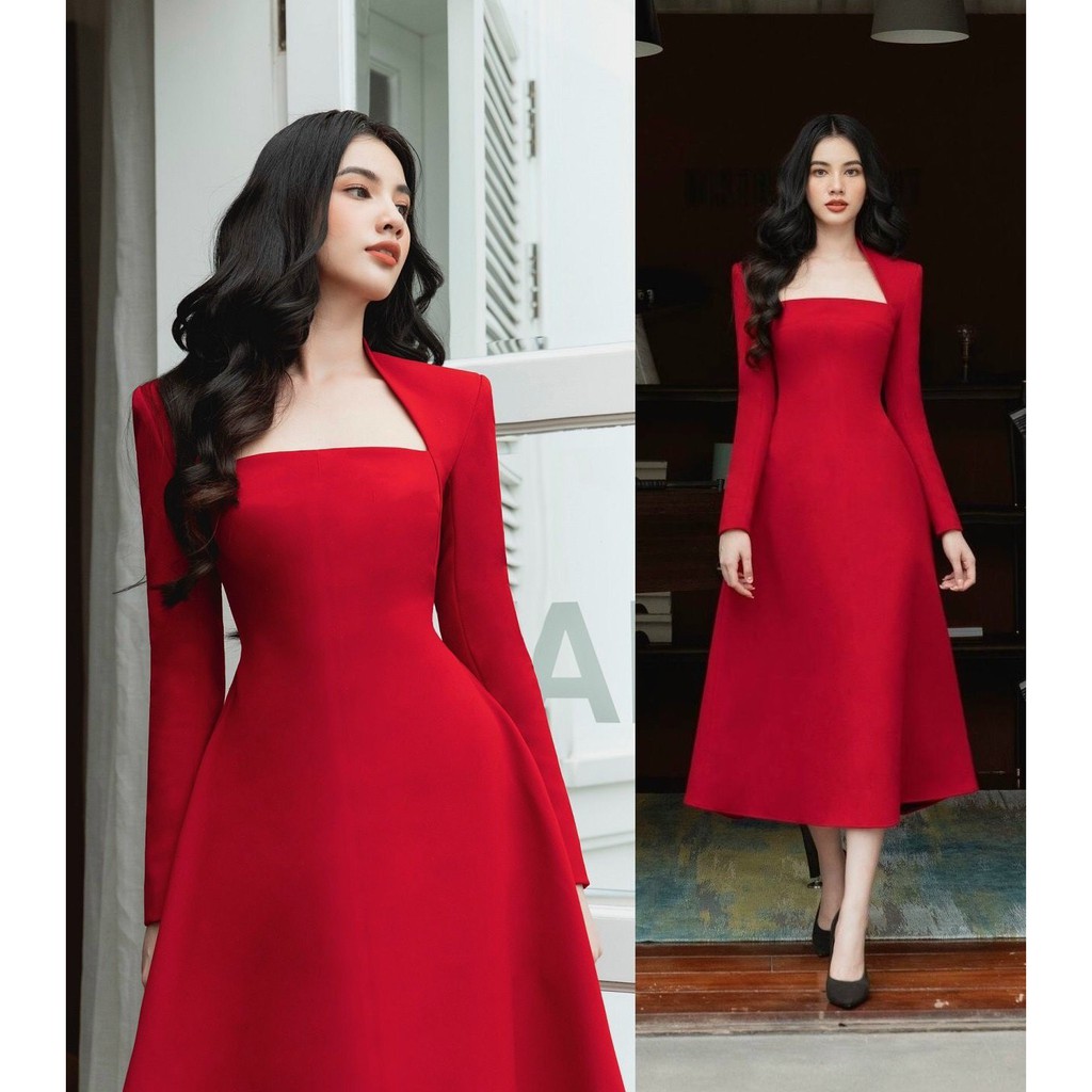 Đầm dự tiệc xòe kiểu tay dài cổ cúp ngực (HÀNG CAO CẤP ĐẸP Y HÌNH)