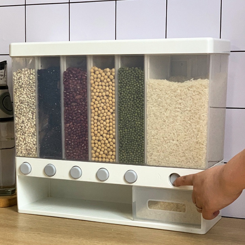 Hộp Đựng Gạo / Ngũ Cốc 6 Ngăn Bằng Nhựa Gắn Tường 10KG