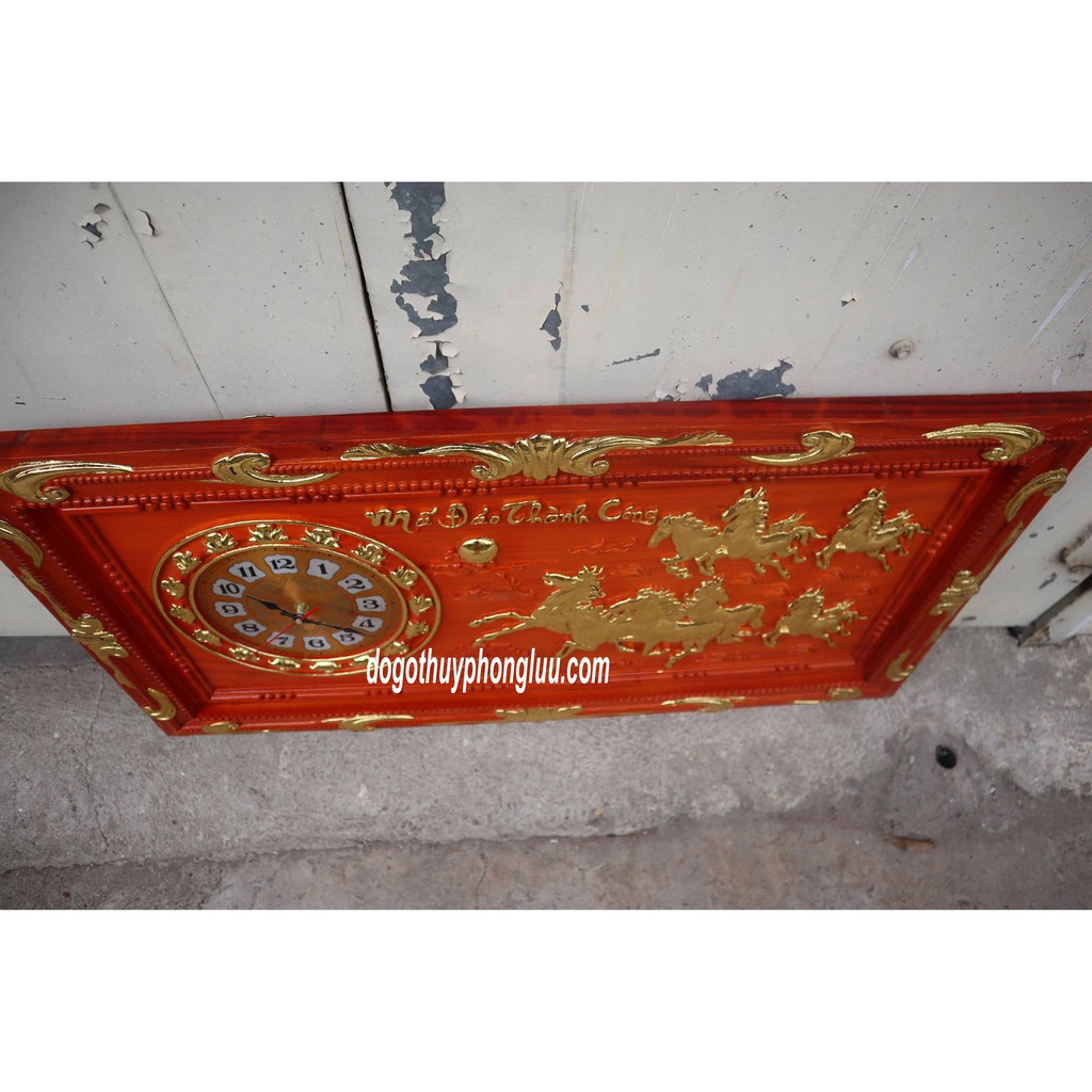 Tranh đồng hồ bát mã,Mã đáo thành công gỗ hương cao cấp cỡ 85x45x5