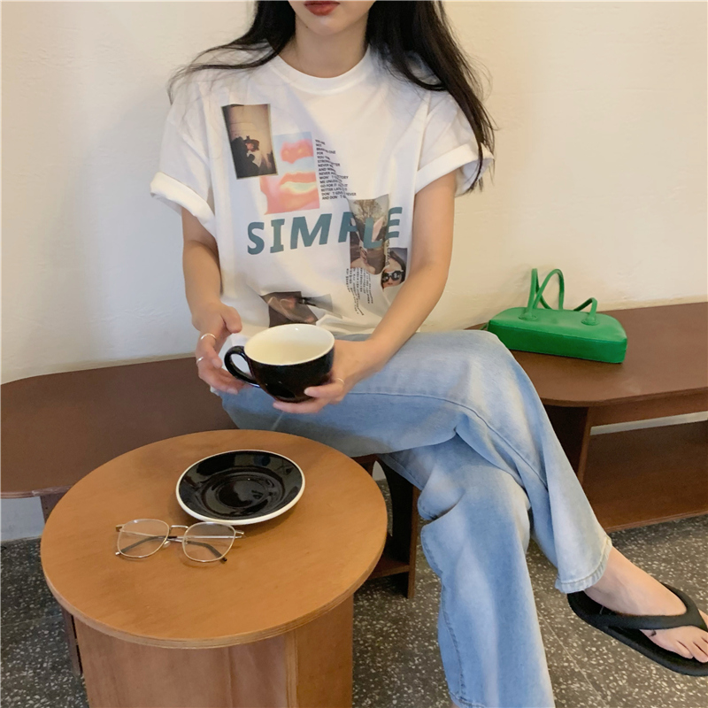 SUXI Áo thun tay ngắn cổ tròn dáng rộng phong cách cổ điển nữ tính