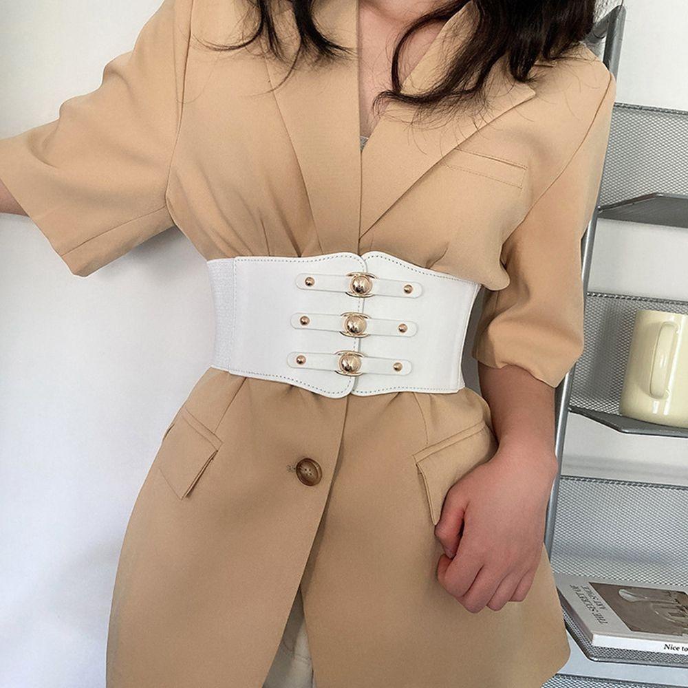 Thắt Lưng Bản Rộng Co Giãn Phối Khóa Kim Loại Kiểu Vintage Hàn Quốc Cho Nữ