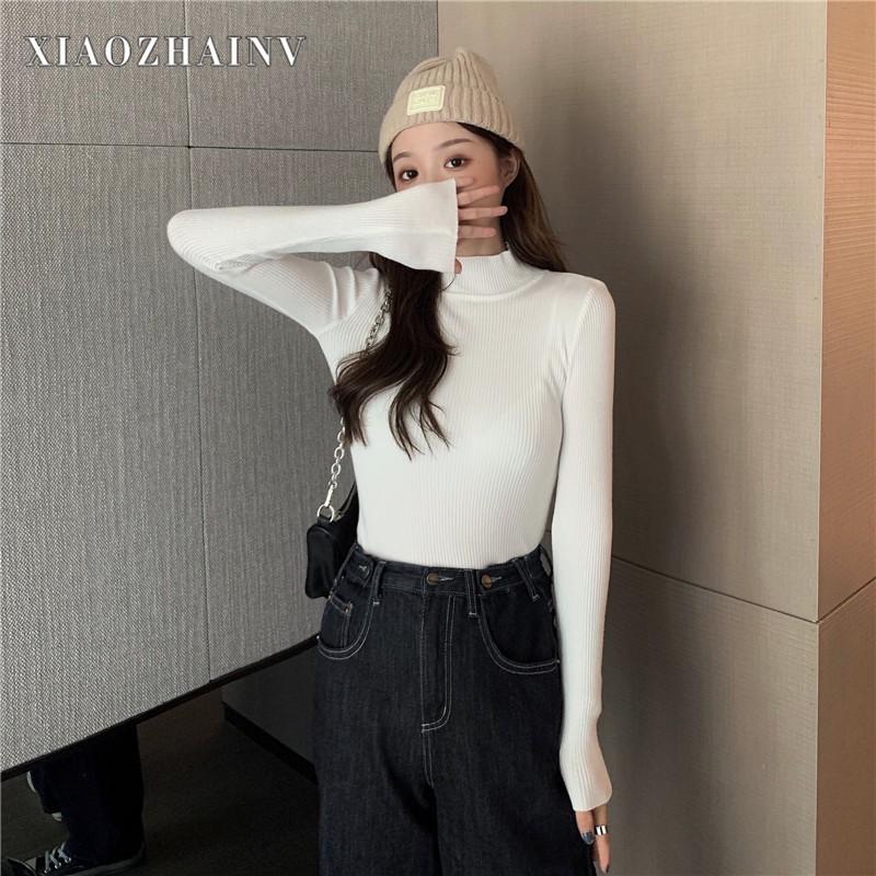 Xiaozhainv Áo sweater dệt kim ôm dáng dài tay cổ lọ trẻ trung cho nữ