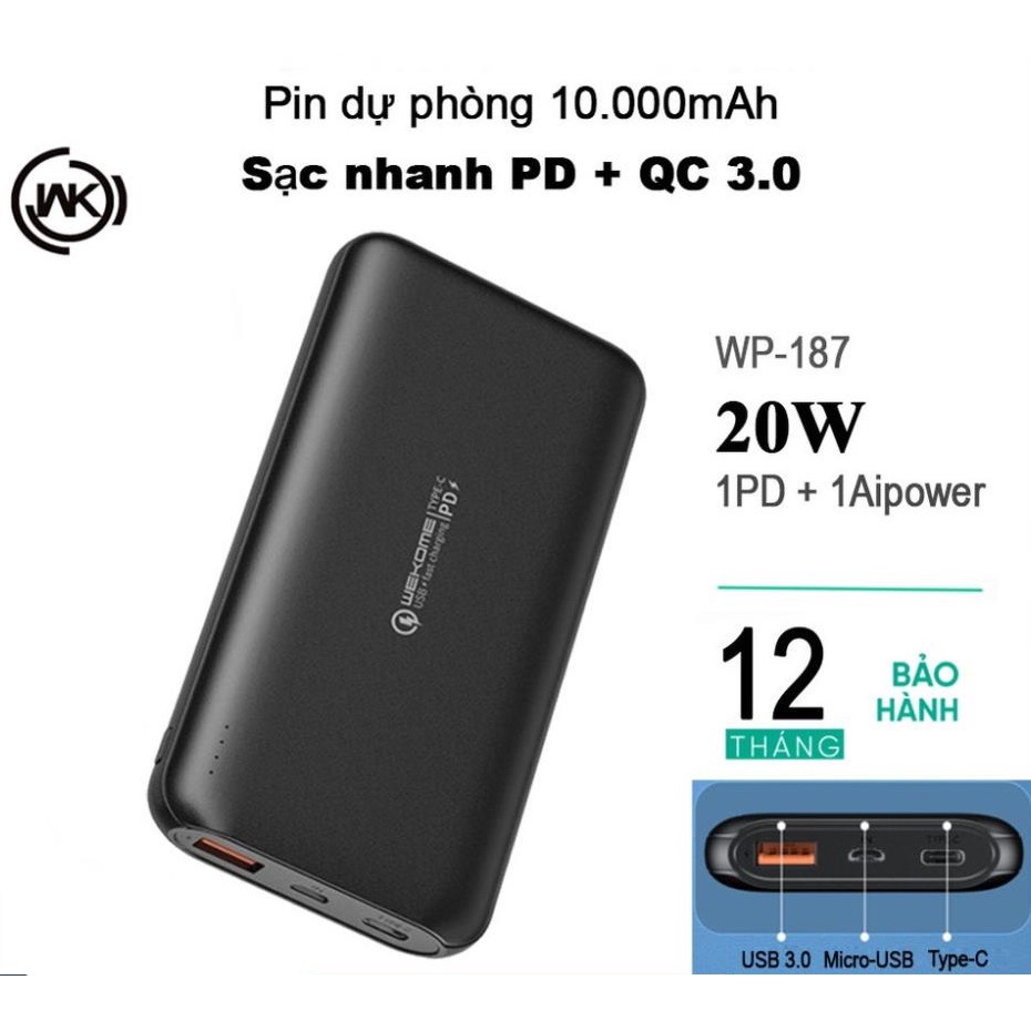 Pin sạc dự phòng 10.000mAh Wekome WP187, Sạc nhanh QC 3.0, PD 20W - Hàng Chính Hãng