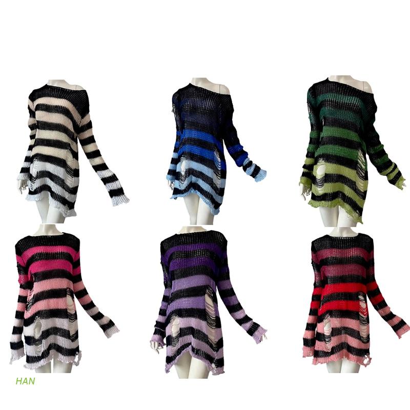 Áo Thun Nữ Tay Dài Phối Sọc Màu Gradient Phong Cách Gothic Cá Tính