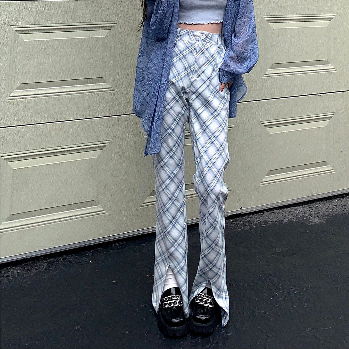 Plaid Split Flared Pants Women'S Summer 2021 New Korean Version Of Loose Casual All-Match Straight Wide Leg Trousers High Waist