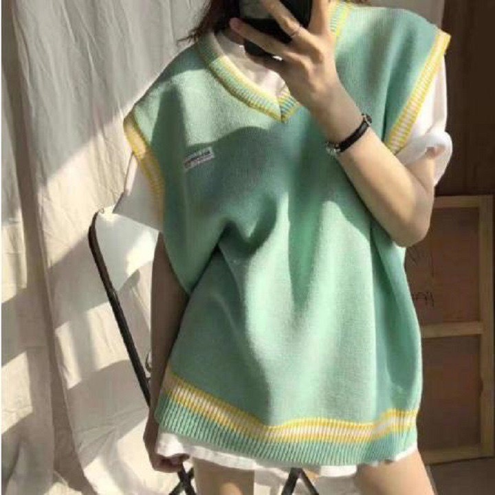 Áo gile nữ, áo gile len dáng rộng cổ V phong cách Hàn Quốc màu trơn Vintage Ulzzang màu xanh, màu tím - 001