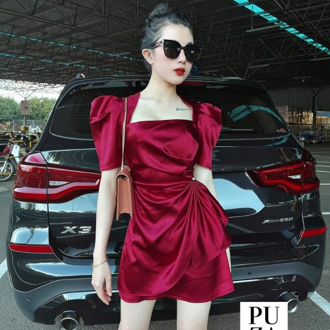 Váy lụa cổ vuông Thiết Kế sang trọng, váy ôm xoắn eo phong cách trẻ trung xinh xắn | BigBuy360 - bigbuy360.vn