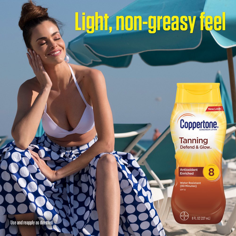 Dưỡng thể tắm nắng bảo vệ da Coppertone Sunscreen Lotion Tanning Lightweight &amp; Moisturizing SPF 8-15 237ml (Mỹ)