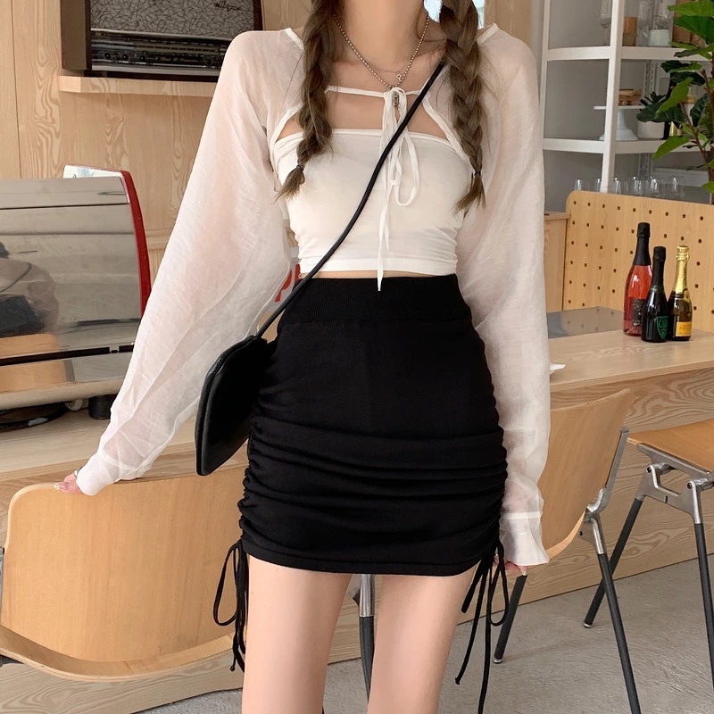 Chân Váy Dệt Kim Ngắn Lưng Cao Co Giãn Màu Sắc Trơn Phối Dây Rút Phong Cách Hàn Quốc Cho Nữ