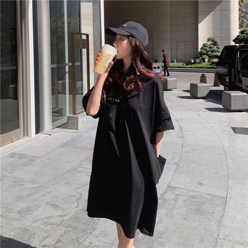 Đầm thun cotton PERTY ngắn tay thêu họa tiết phối túi thời trang cho nữ