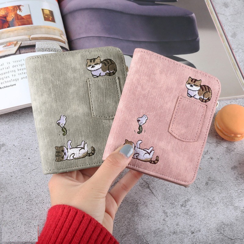 Bóp ví nữ cầm tay khóa kéo KSV414 Thêu hình con mèo hotrend hàng quảng châu Phong cách