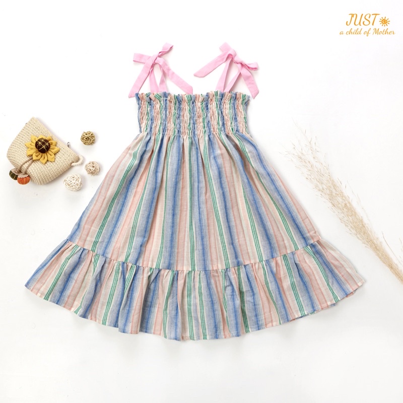 Váy cho bé gái, váy 2 Dây chun  Smocking ngang ngực, buộc nơ vai xinh xắn