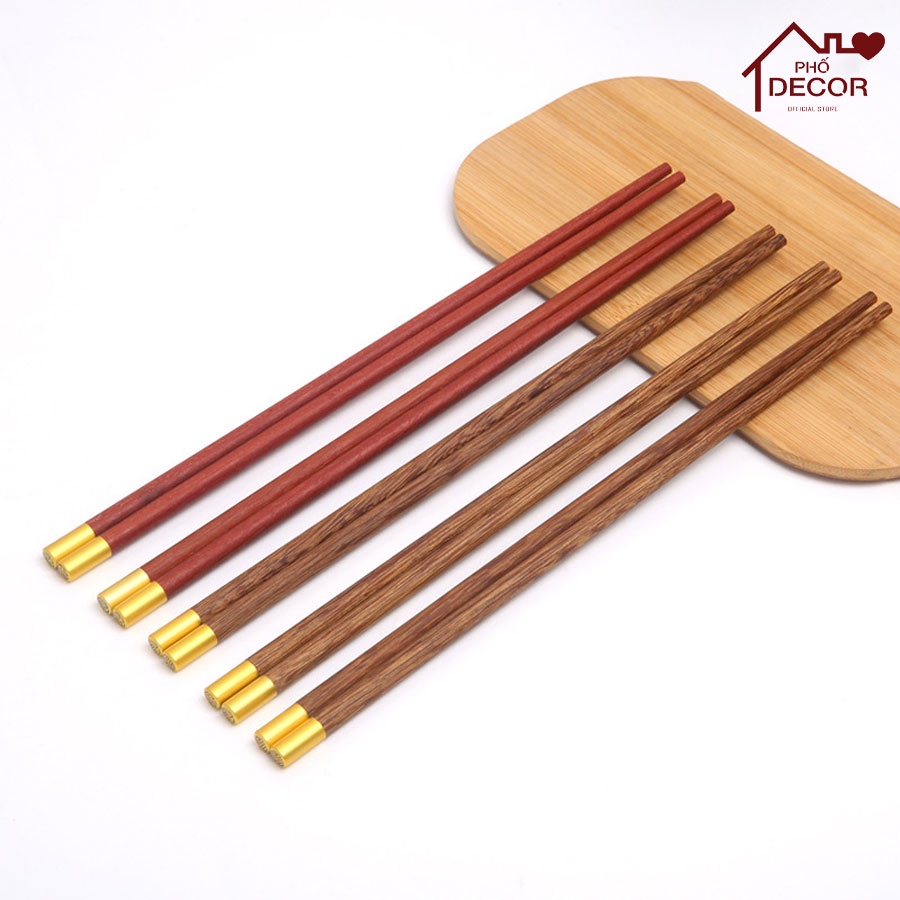 Đũa Thương Hiệu Phố Decor - Đũa Gỗ Cánh Gà Không Chất Bảo Quản Bọc Đầu Kim Loại Cao Cấp