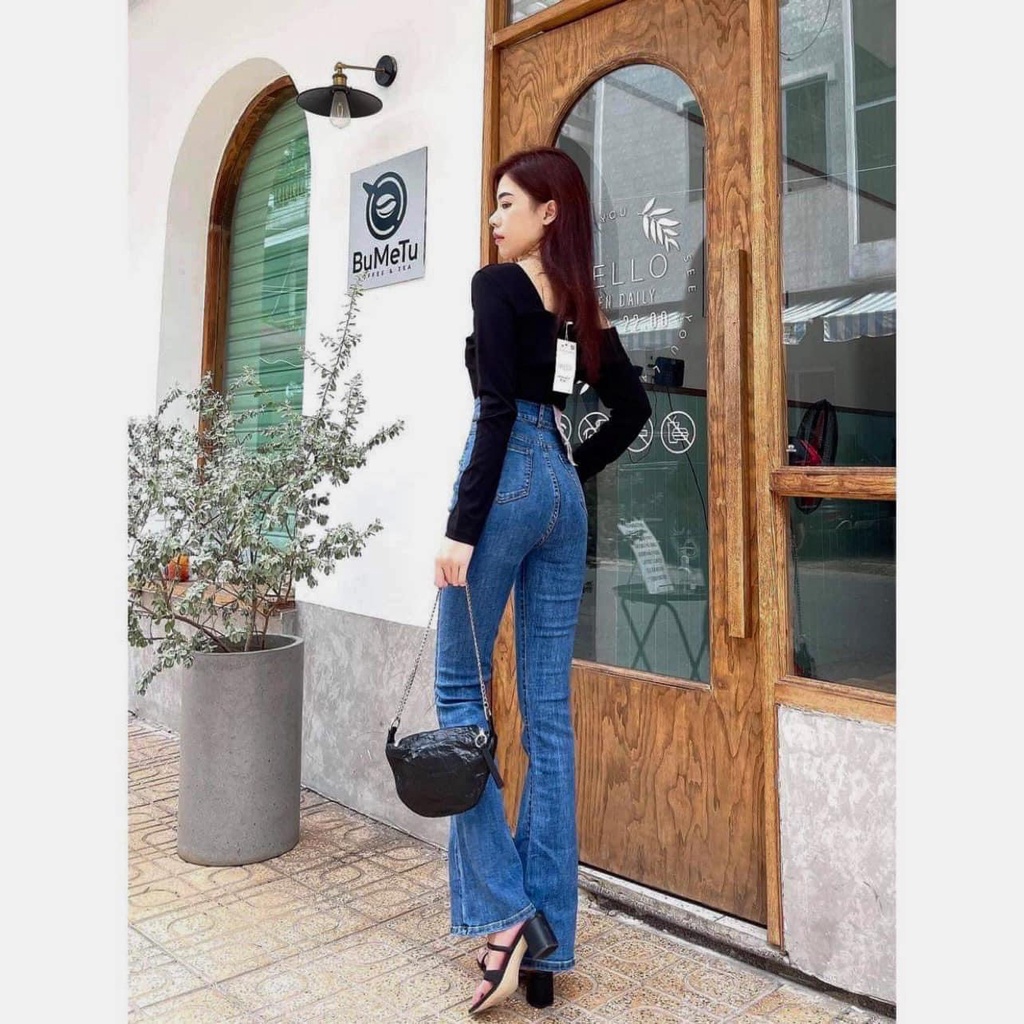 Quần Jean Nữ Ống Loe - Quần Bò Nữ Ống Loe Lưng Cạp Cao Co Giãn, Co Giãn 4 Chiều