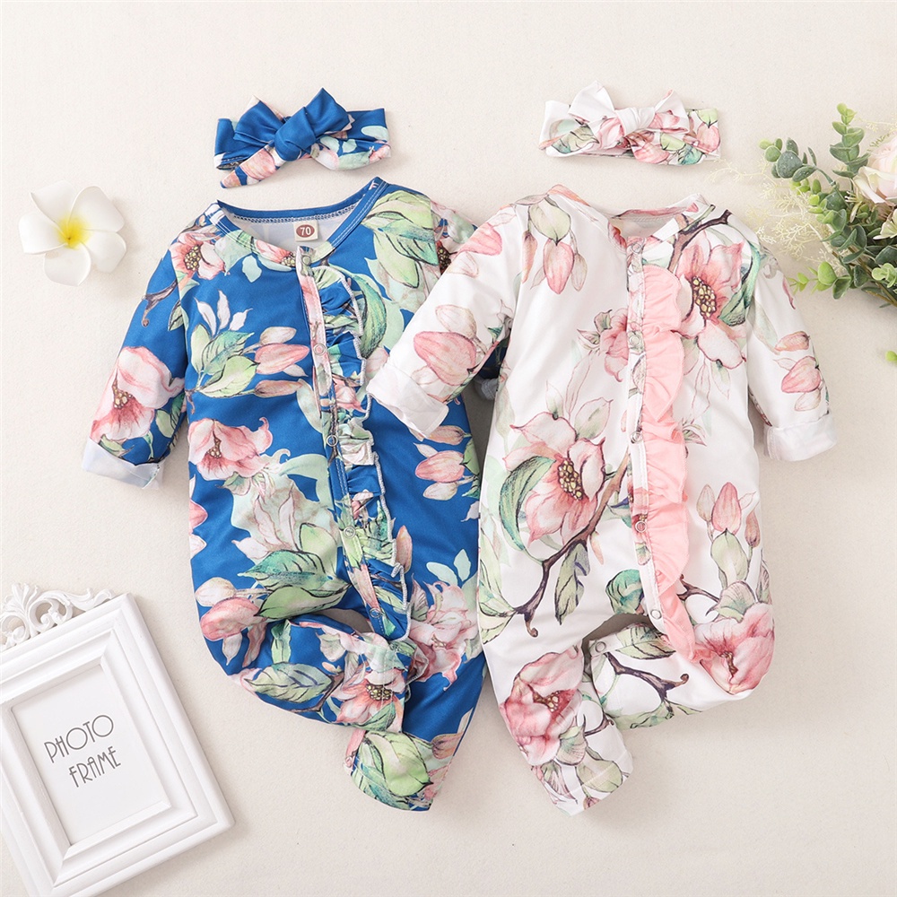 Áo liền quần MIKRDOO dài tay họa tiết in hoa kèm băng đô dễ thương cho bé gái 0-18 tháng