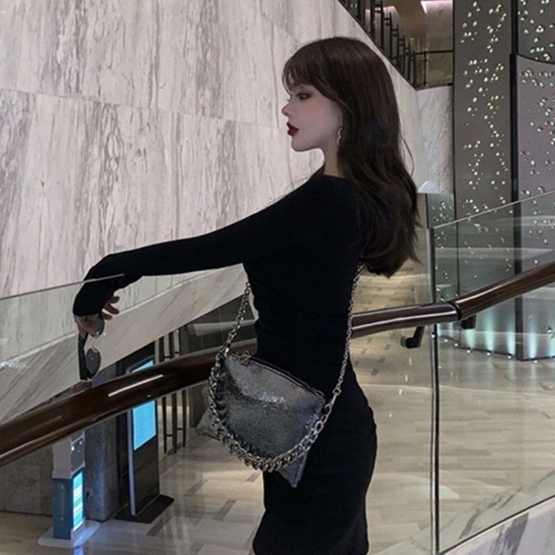 Đầm Tay Dài Cổ Chữ V Dáng Ôm Chiết Eo Thiết Kế Vạt Đan Chéo Thời Trang Quyến Rũ Cho Nữ