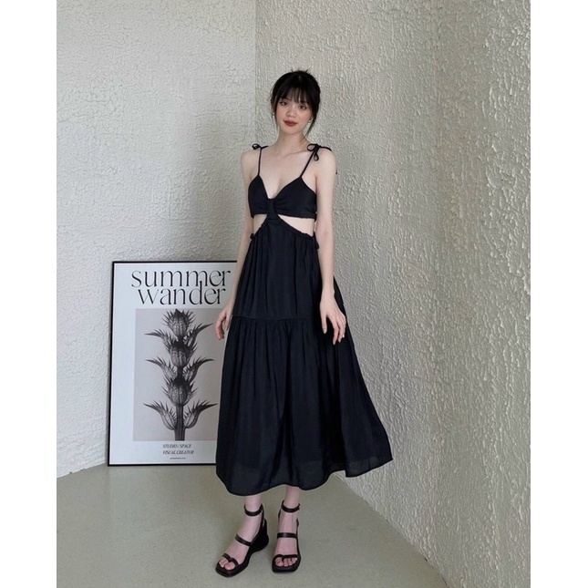 Đầm Maxi Đen 2s Cột Vai Khoét Eo