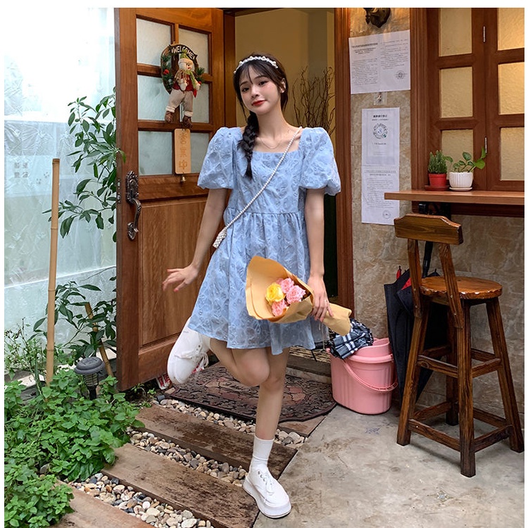 Đầm Tay Phồng Cổ Vuông Phong Cách Retro Pháp Cho Nữ