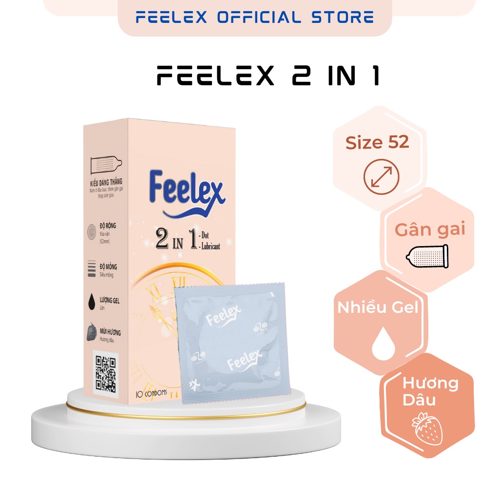 Bao cao su gai Feelex 2 in 1 gân gai, nhiều gel, kéo dài hương dâu hộp 10c bcs