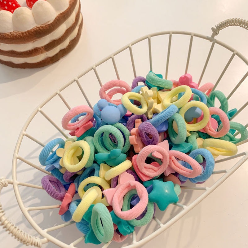Set 10 Dây Buộc Tóc Co Giãn Cao Không Dệt Họa Tiết Hoạt Hình Đơn Giản Cho Bé Gái
