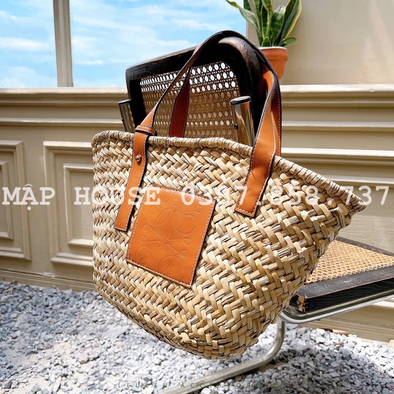 Túi cói quai da cao cấp- Túi cói bucket đắp da dập logo cao cấp mẫu mới hot nhất năm 2022