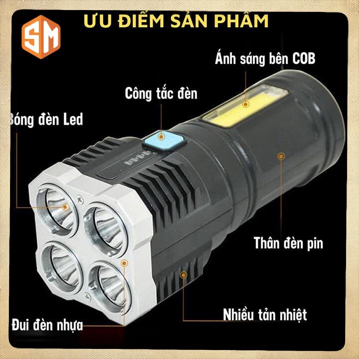 Đèn Pin Siêu Sáng Cầm Tay Chiếu Xa 4 Chế Độ Sáng Tiện Dụng, Có COB Đèn LED, Đèn Pin Mini 4 Bóng